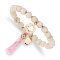 Chisel Stainless Steel Polished Rose IP-plated Butterfly 6mm Pink Agate Beaded Stretch Bracelet with Tassel