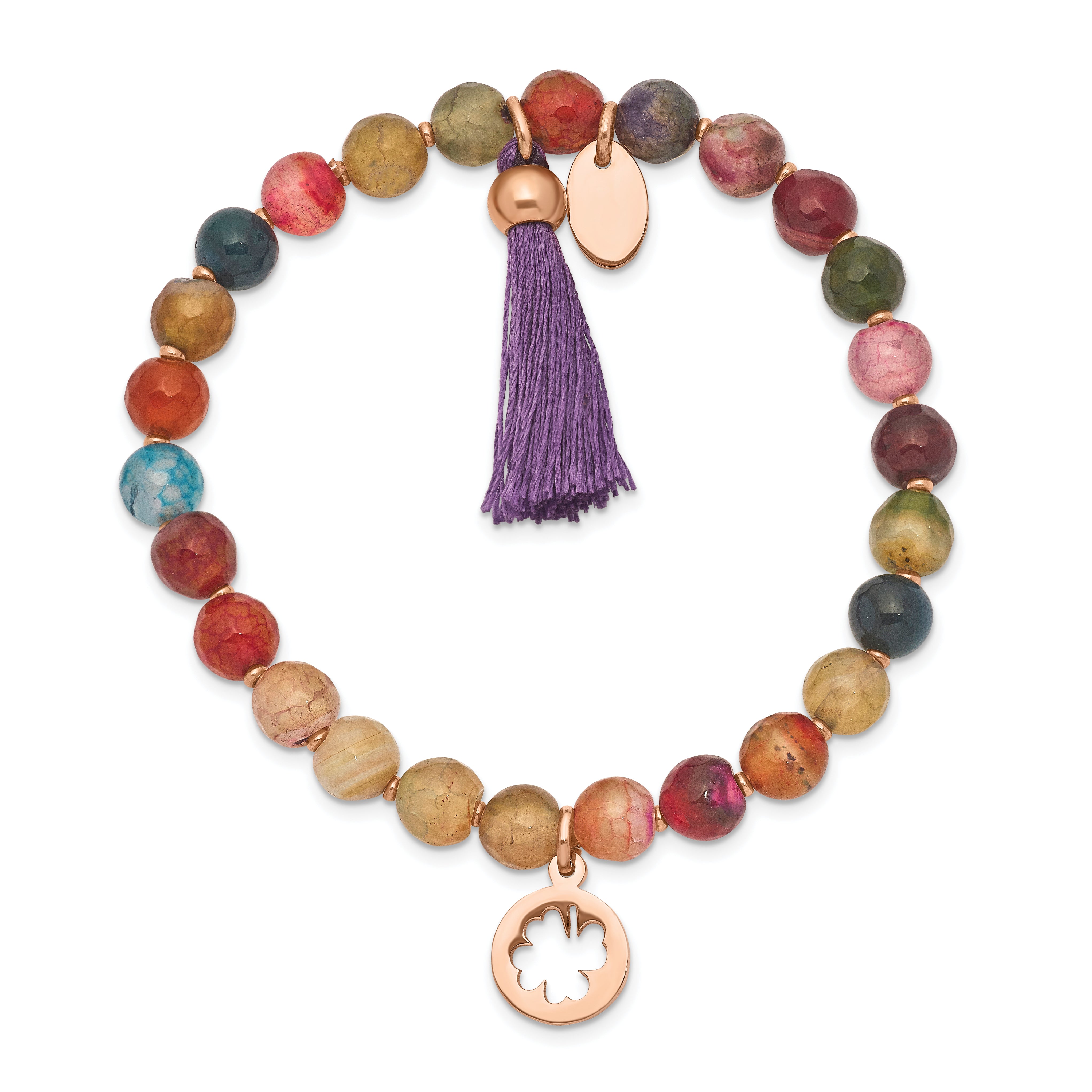 Chisel Stainless Steel Polished Rose IP-plated Clover 6mm Multi Color Agate Beaded Stretch Bracelet with Tassel