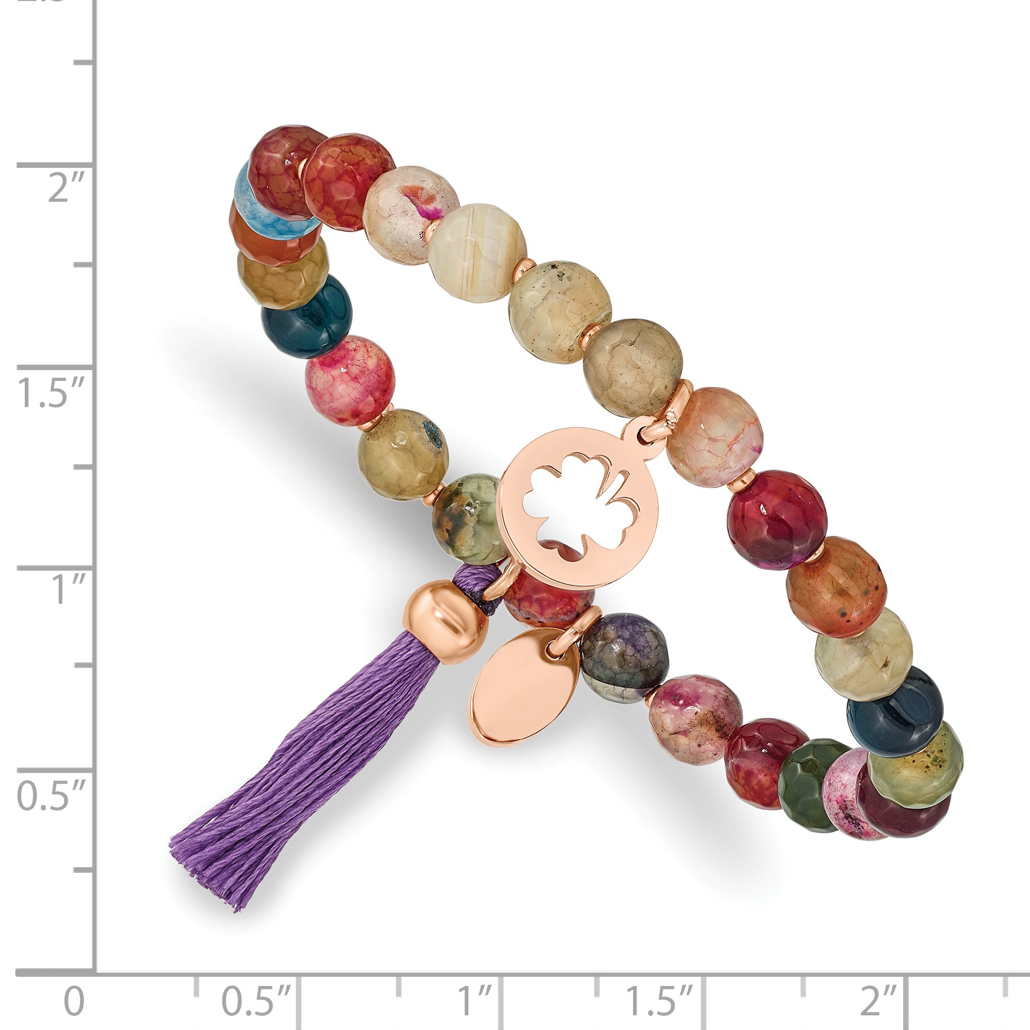 Chisel Stainless Steel Polished Rose IP-plated Clover 6mm Multi Color Agate Beaded Stretch Bracelet with Tassel