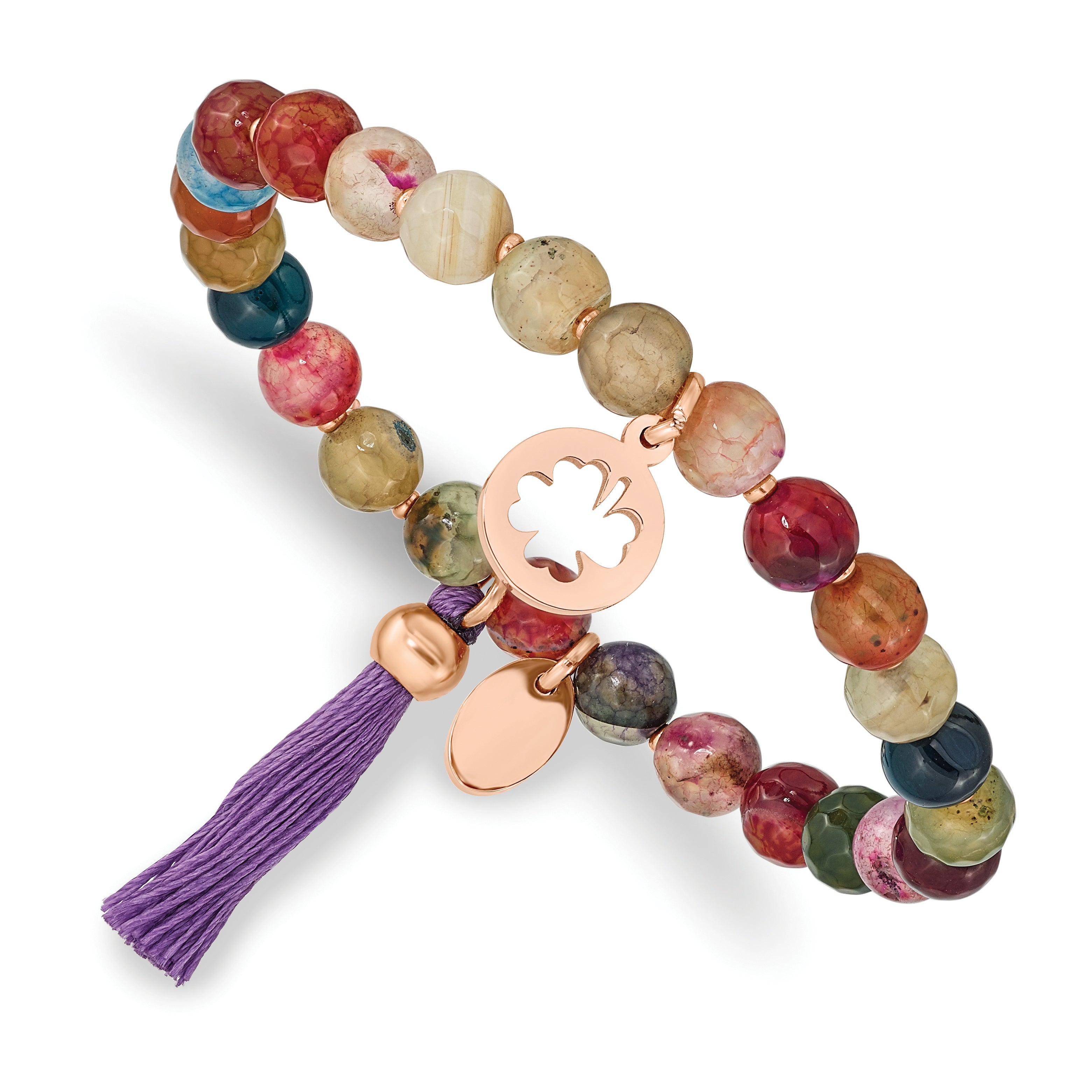 Chisel Stainless Steel Polished Rose IP-plated Clover 6mm Multi Color Agate Beaded Stretch Bracelet with Tassel