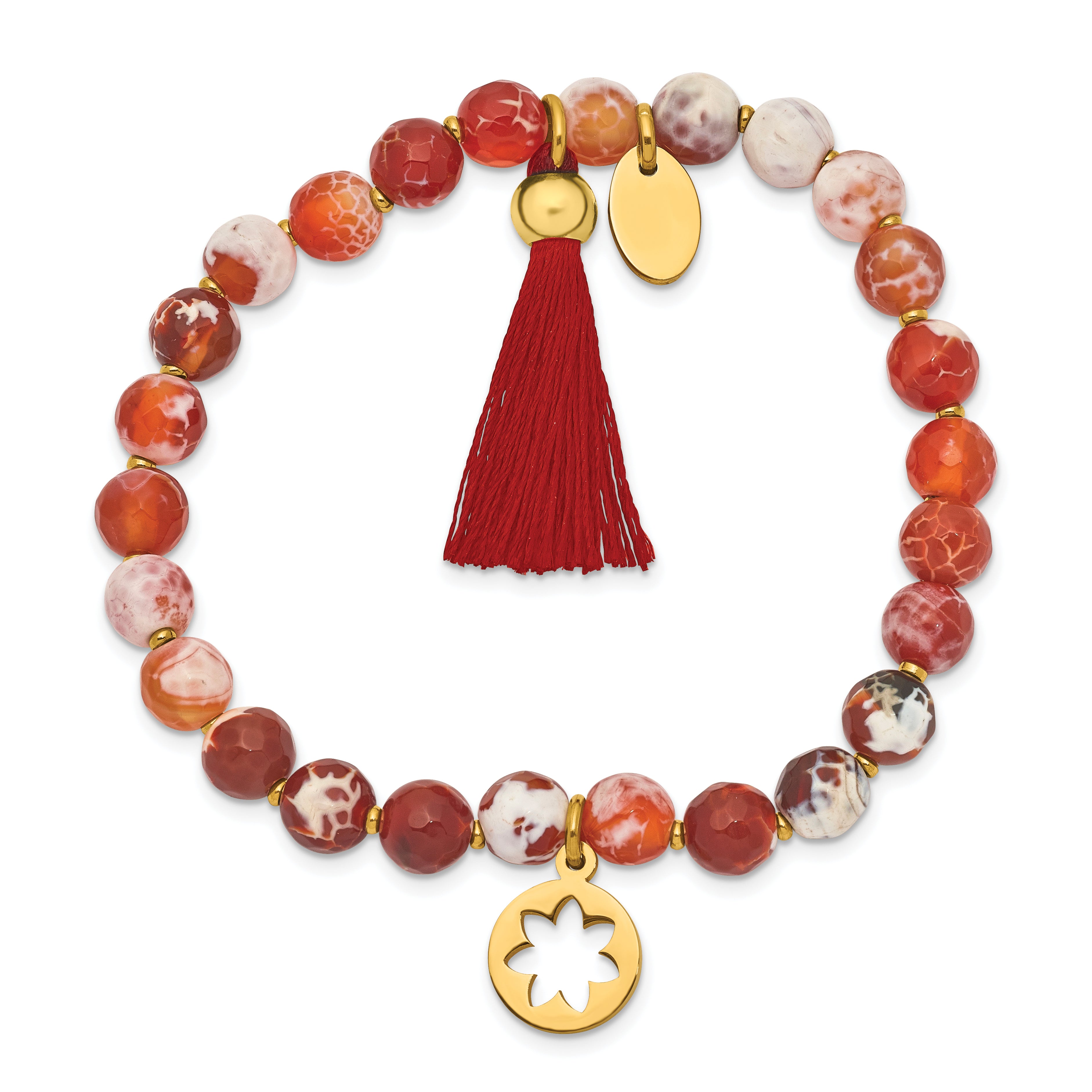 Chisel Stainless Steel Polished Yellow IP-plated Flower 6mm Orange Agate Beaded with Tassel Stretch Bracelet