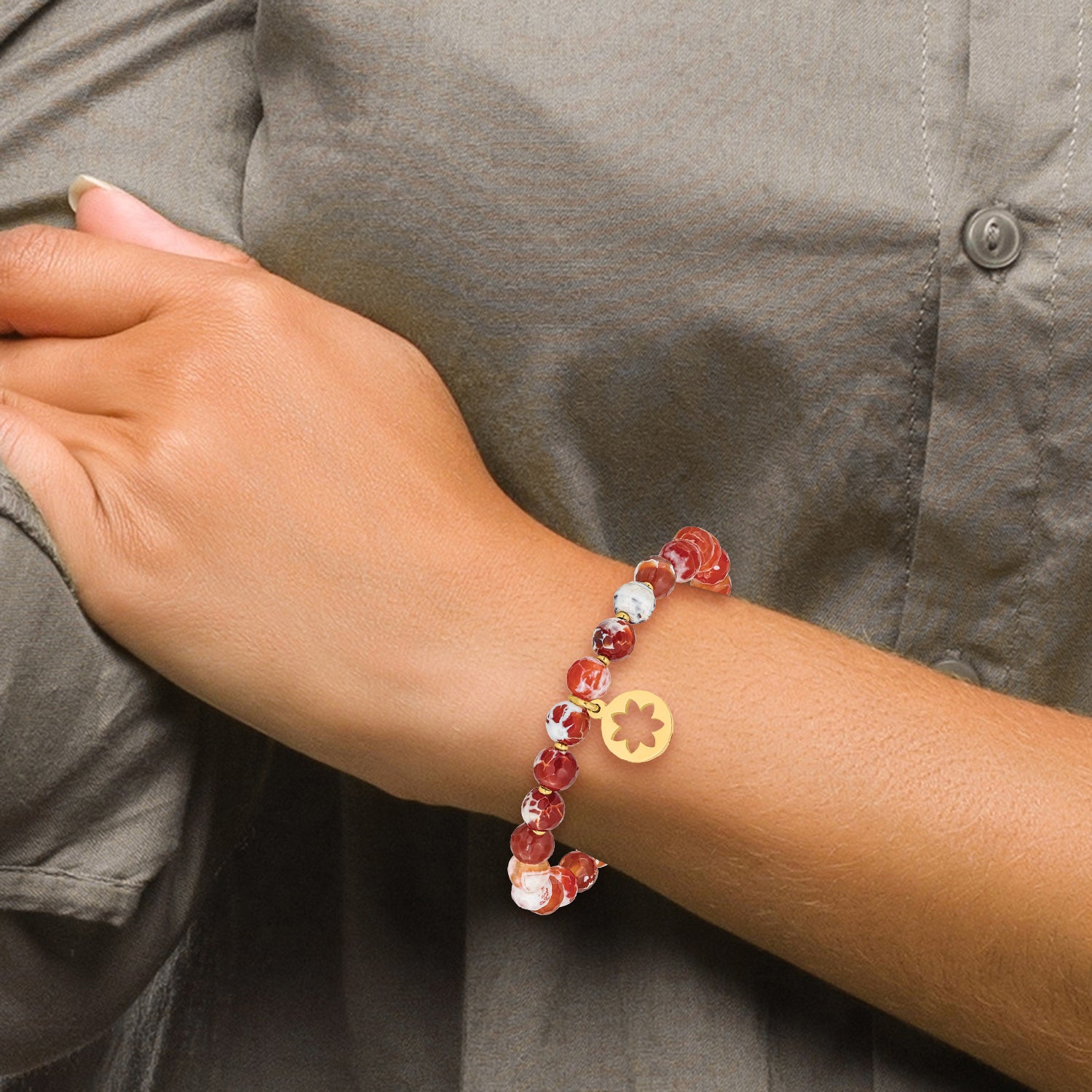 Chisel Stainless Steel Polished Yellow IP-plated Flower 6mm Orange Agate Beaded with Tassel Stretch Bracelet