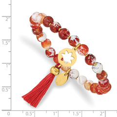 Chisel Stainless Steel Polished Yellow IP-plated Flower 6mm Orange Agate Beaded with Tassel Stretch Bracelet