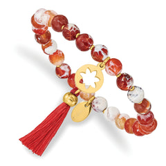 Chisel Stainless Steel Polished Yellow IP-plated Flower 6mm Orange Agate Beaded with Tassel Stretch Bracelet