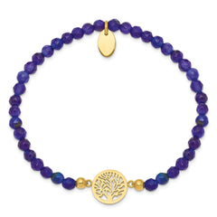 Chisel Stainless Steel Polished Yellow IP-plated Tree of Life 4mm Blue Jade Beaded Stretch Bracelet