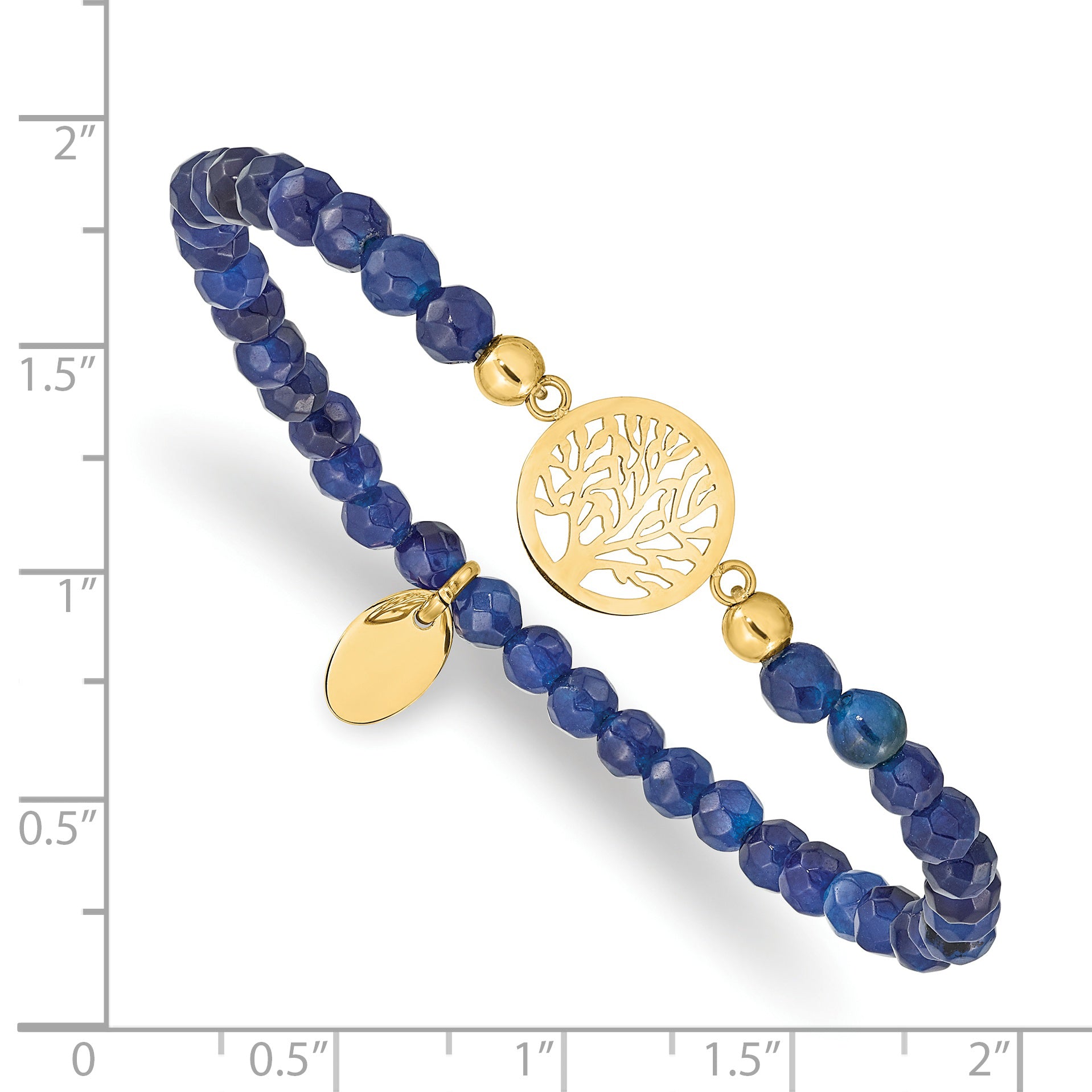 Chisel Stainless Steel Polished Yellow IP-plated Tree of Life 4mm Blue Jade Beaded Stretch Bracelet