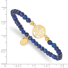 Chisel Stainless Steel Polished Yellow IP-plated Tree of Life 4mm Blue Jade Beaded Stretch Bracelet