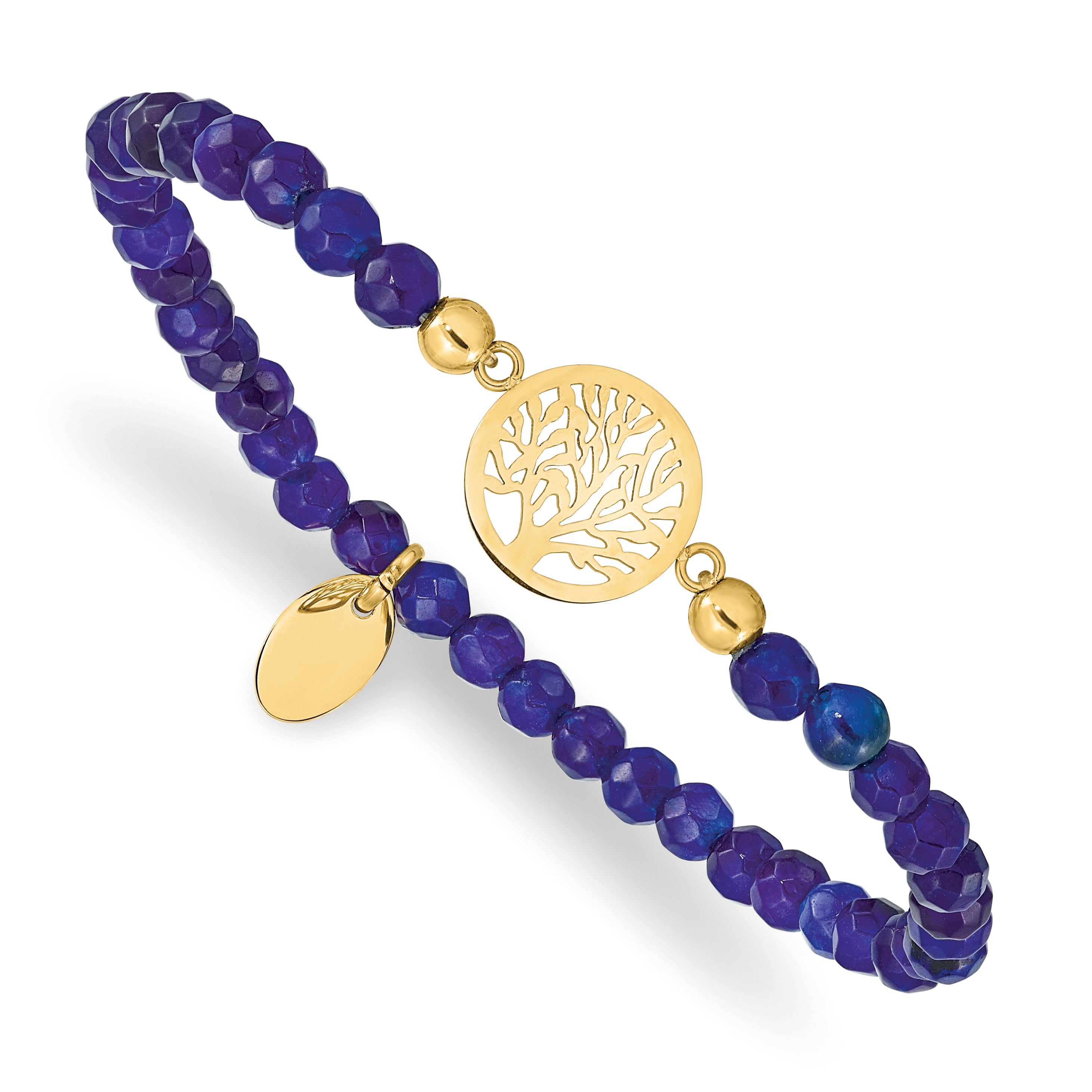 Chisel Stainless Steel Polished Yellow IP-plated Tree of Life 4mm Blue Jade Beaded Stretch Bracelet