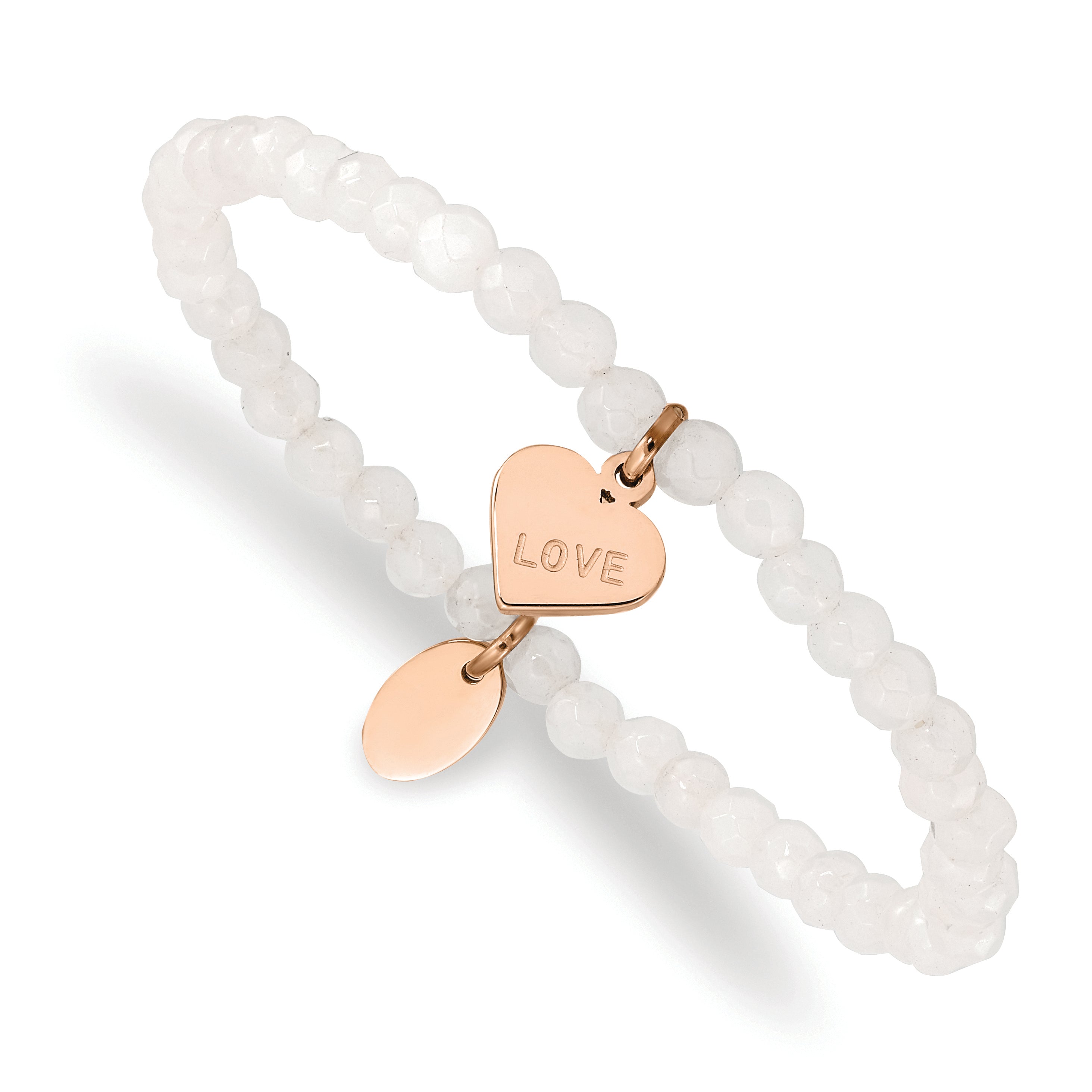 Chisel Stainless Steel Polished Rose IP-plated LOVE Heart 4mm Jade Beaded Stretch Bracelet