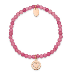 Chisel Stainless Steel Polished Rose IP-plated Heart 4mm Pink Jade Beaded Stretch Bracelet