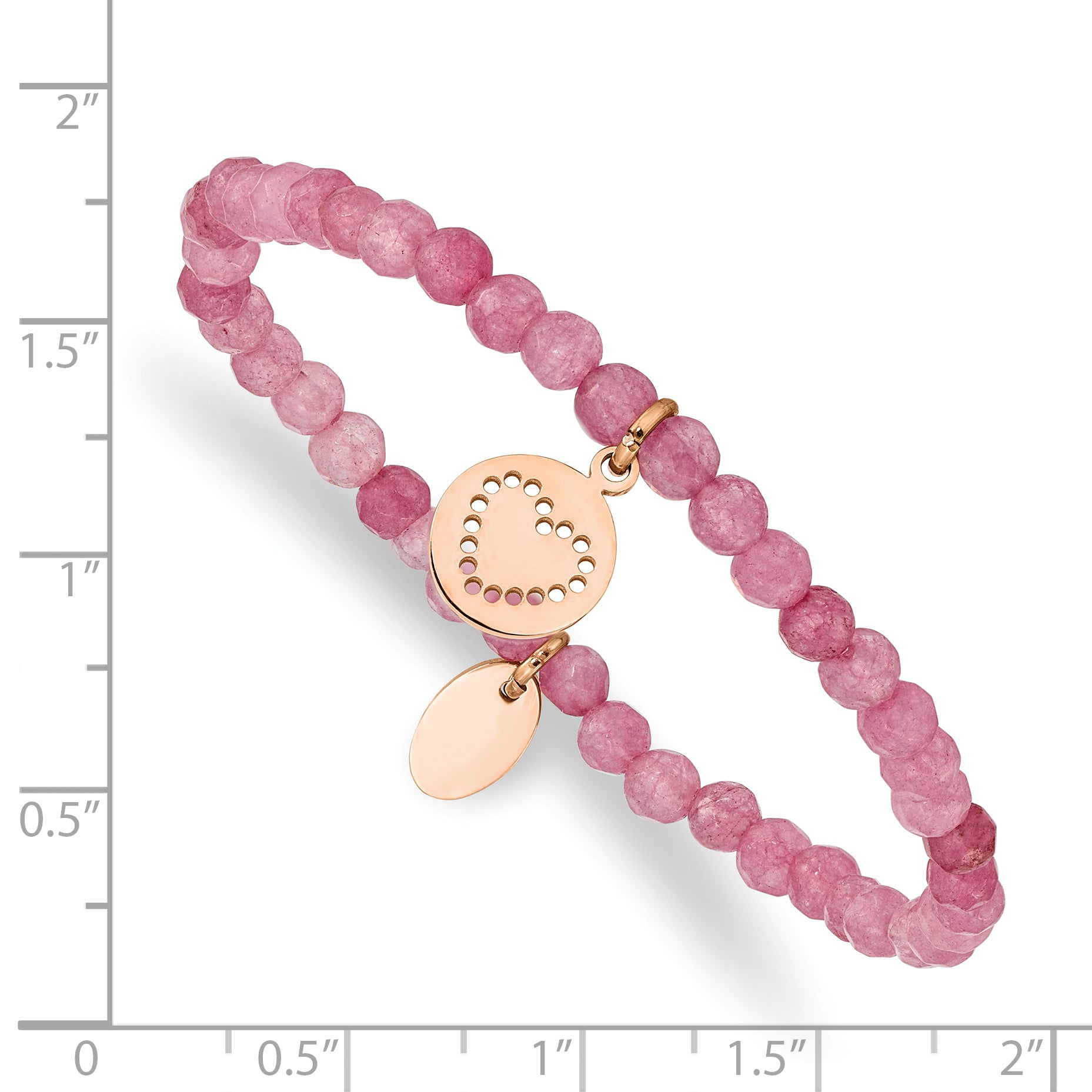 Chisel Stainless Steel Polished Rose IP-plated Heart 4mm Pink Jade Beaded Stretch Bracelet