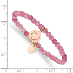 Chisel Stainless Steel Polished Rose IP-plated Heart 4mm Pink Jade Beaded Stretch Bracelet