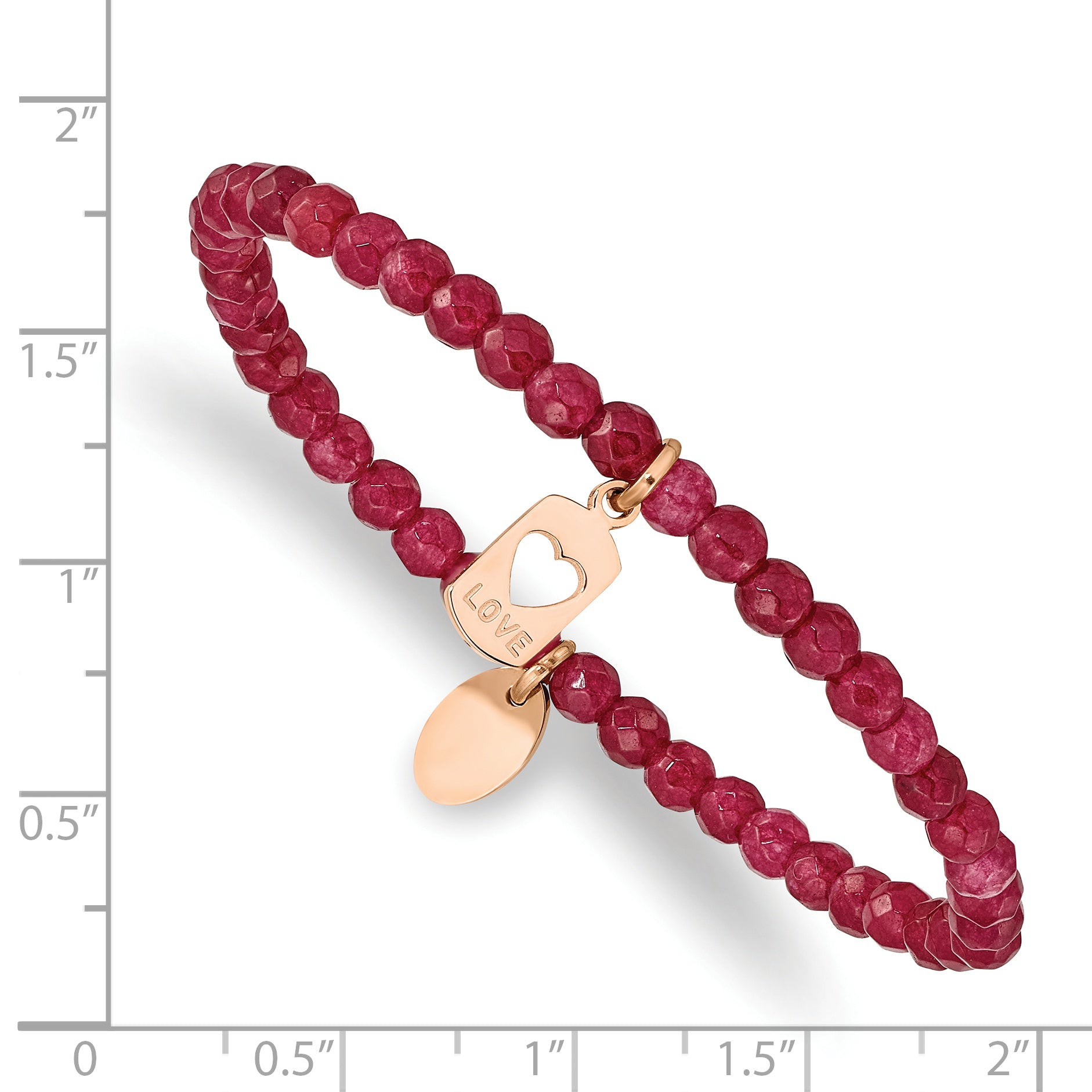 Chisel Stainless Steel Polished Rose IP-plated LOVE 4mm Red Jade Beaded Stretch Bracelet