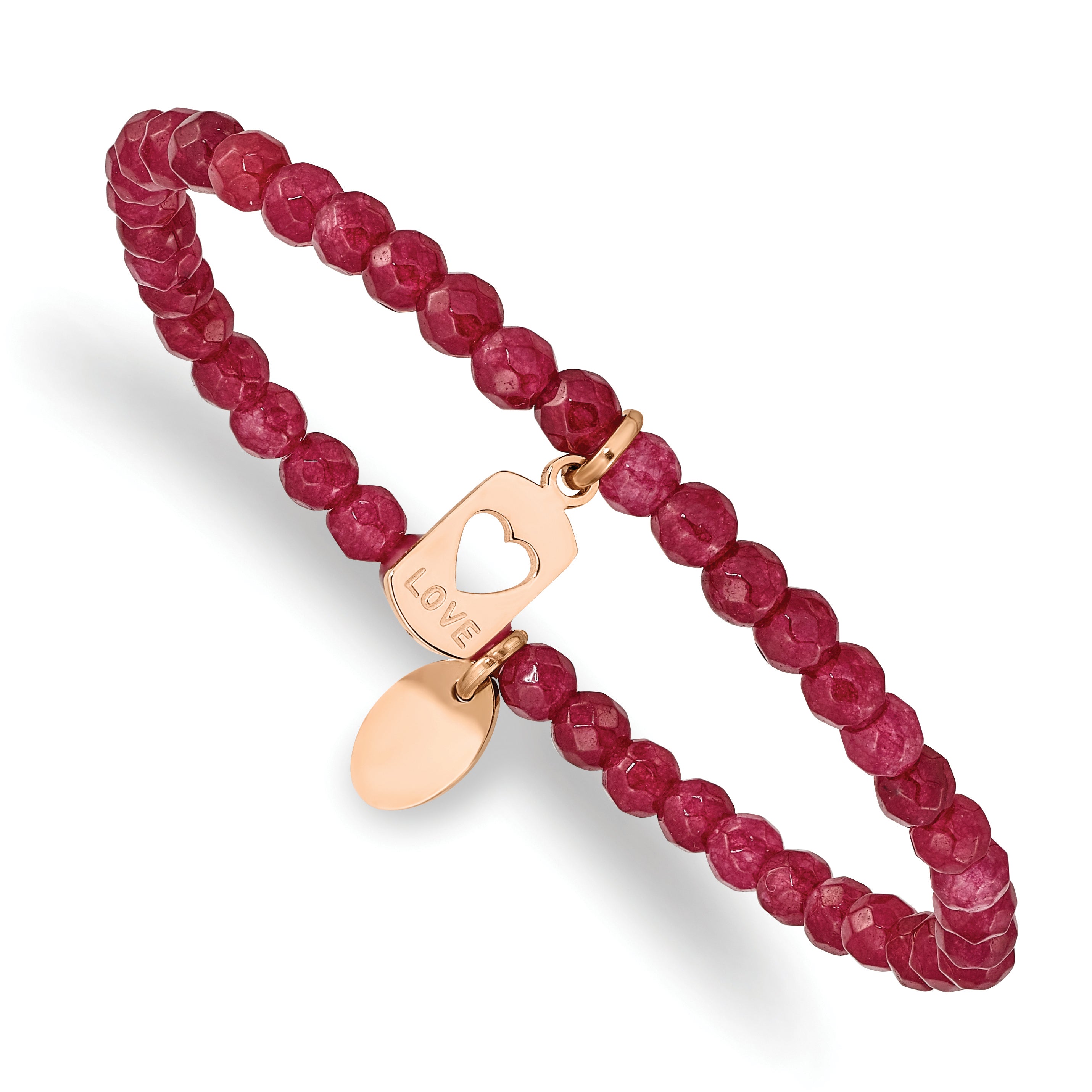 Chisel Stainless Steel Polished Rose IP-plated LOVE 4mm Red Jade Beaded Stretch Bracelet