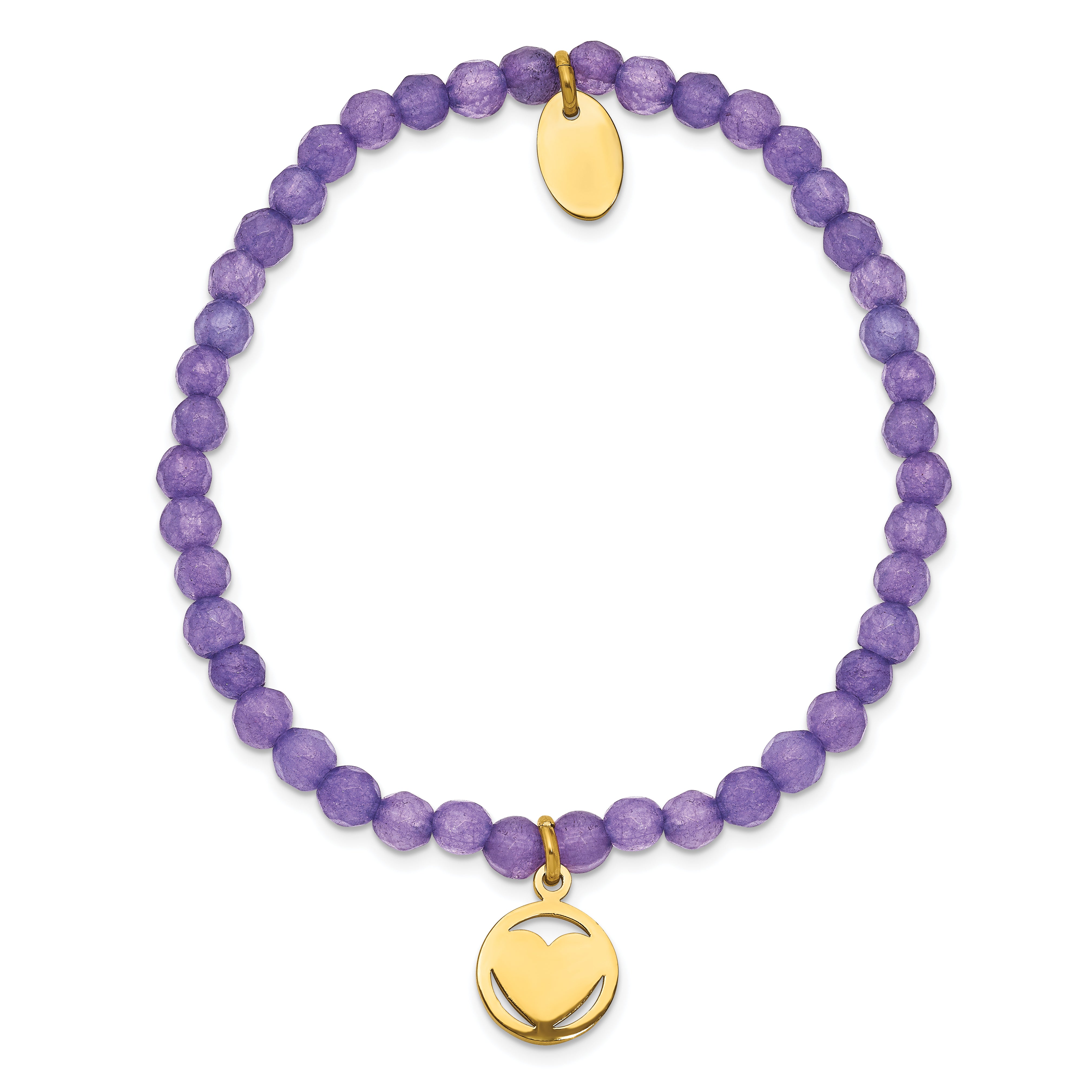 Chisel Stainless Steel Polished Yellow IP-plated Heart 4mm Light Purple Jade Beaded Stretch Bracelet