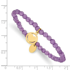 Chisel Stainless Steel Polished Yellow IP-plated Heart 4mm Light Purple Jade Beaded Stretch Bracelet