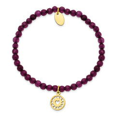 Chisel Stainless Steel Polished Yellow IP-plated Heart 4mm Dark Purple Jade Beaded Stretch Bracelet