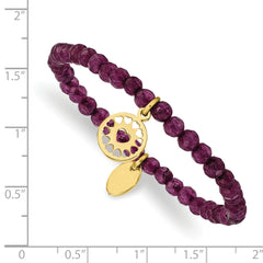 Chisel Stainless Steel Polished Yellow IP-plated Heart 4mm Dark Purple Jade Beaded Stretch Bracelet