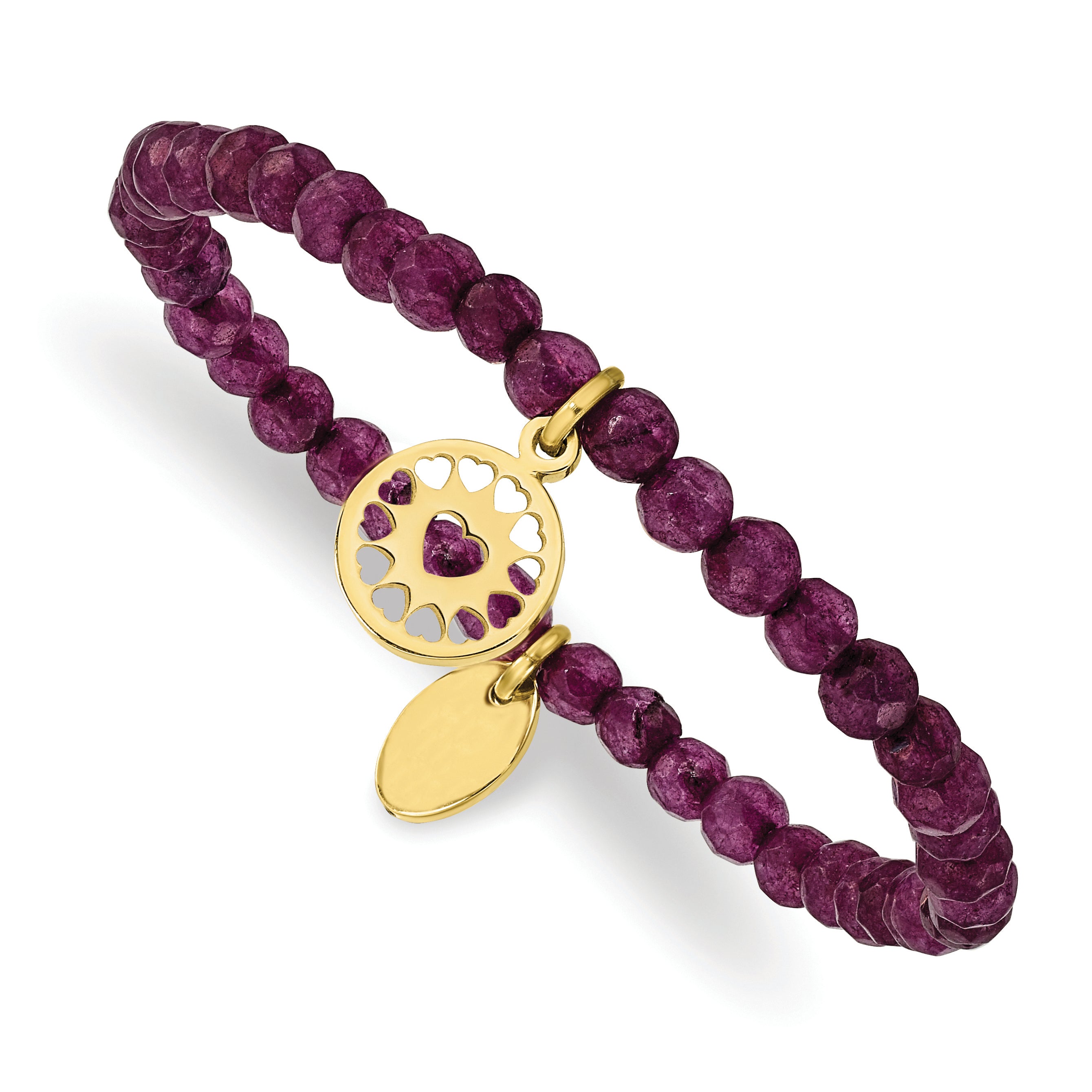 Chisel Stainless Steel Polished Yellow IP-plated Heart 4mm Dark Purple Jade Beaded Stretch Bracelet