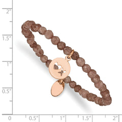 Chisel Stainless Steel Polished Rose IP-plated XO 4mm Brown Jade Beaded Stretch Bracelet