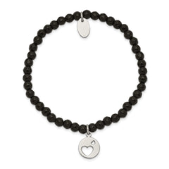 Chisel Stainless Steel Polished Hearts 4mm Black Jade Beaded Stretch Bracelet