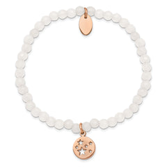 Chisel Stainless Steel Polished Rose IP-plated Stars 4mm White Jade Beaded Stretch Bracelet