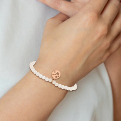 Chisel Stainless Steel Polished Rose IP-plated Stars 4mm White Jade Beaded Stretch Bracelet