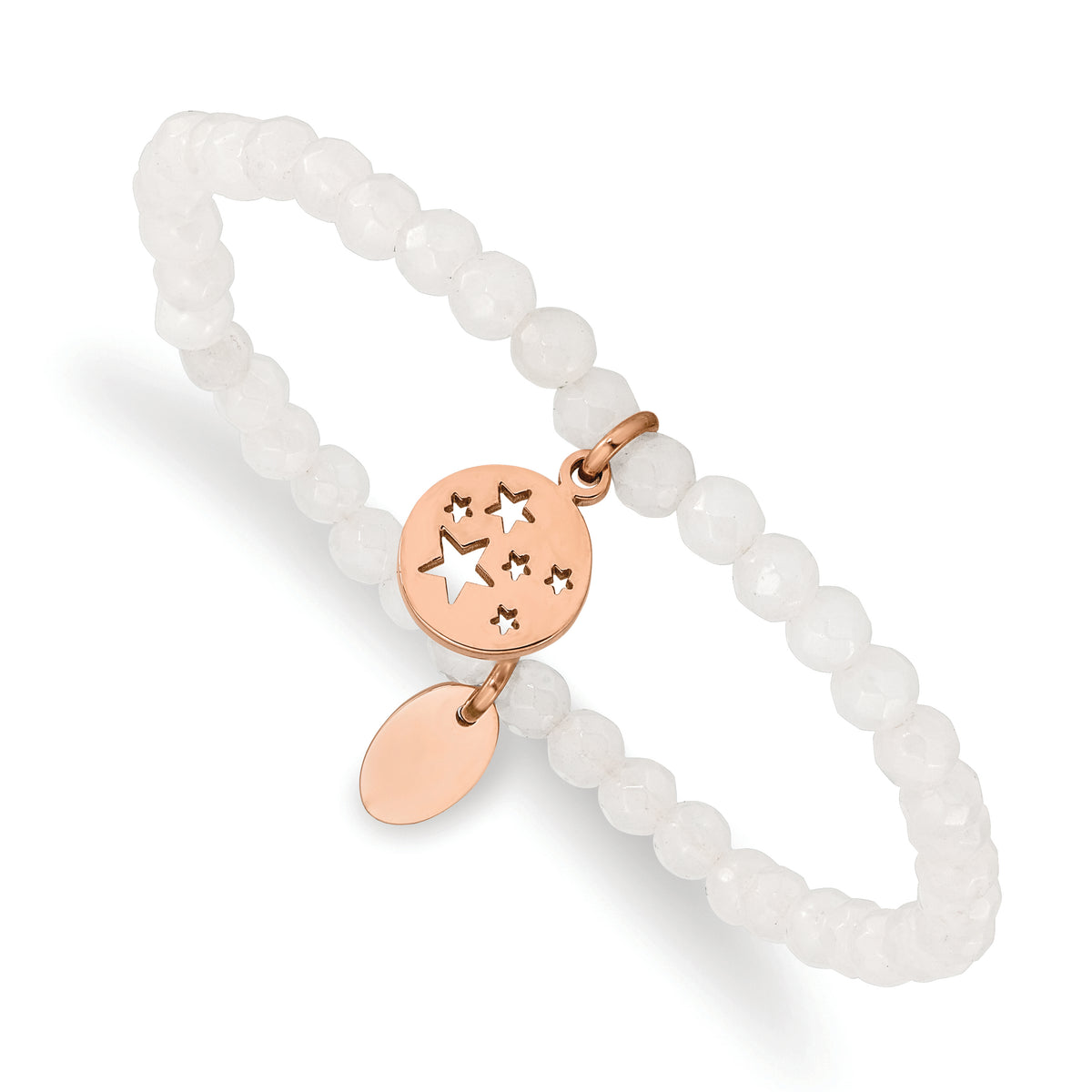 Chisel Stainless Steel Polished Rose IP-plated Stars 4mm White Jade Beaded Stretch Bracelet