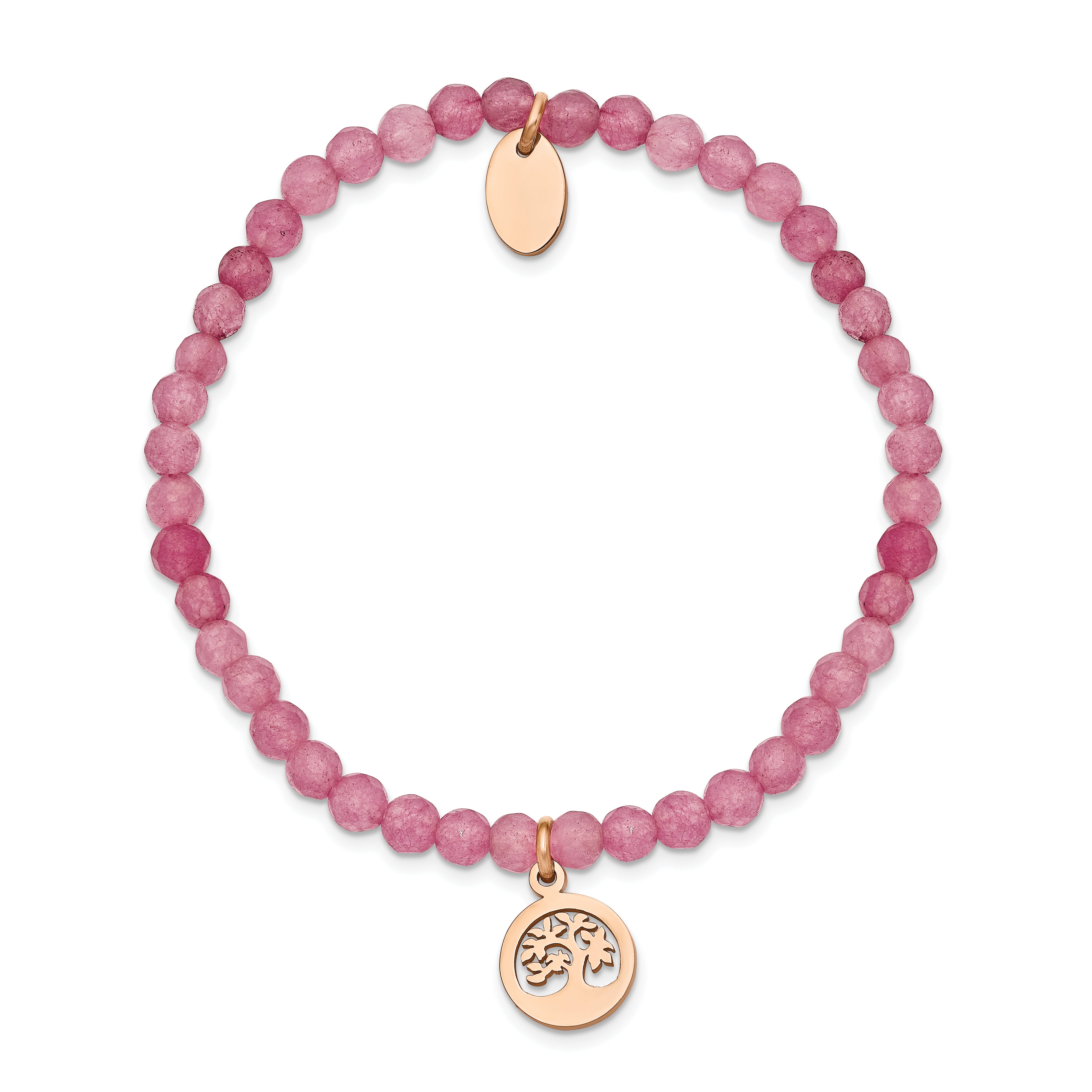 Chisel Stainless Steel Polished Rose IP-plated Tree 4mm Pink Jade Beaded Stretch Bracelet