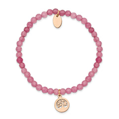 Chisel Stainless Steel Polished Rose IP-plated Tree 4mm Pink Jade Beaded Stretch Bracelet