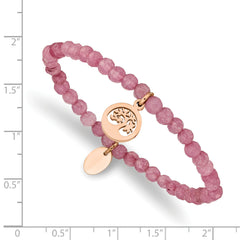 Chisel Stainless Steel Polished Rose IP-plated Tree 4mm Pink Jade Beaded Stretch Bracelet