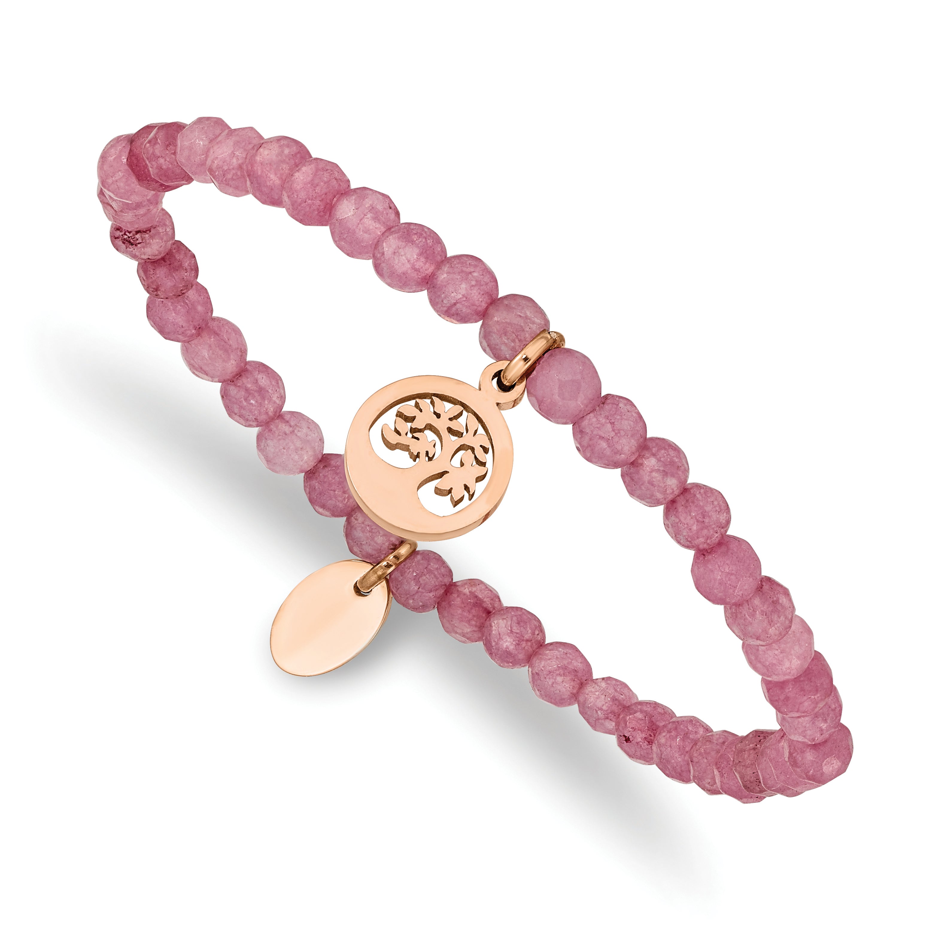 Chisel Stainless Steel Polished Rose IP-plated Tree 4mm Pink Jade Beaded Stretch Bracelet