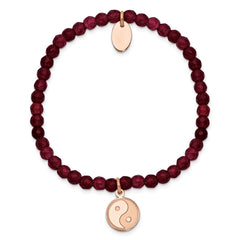 Chisel Stainless Steel Polished and Satin Rose IP-plated YingYang 4mm Red Jade Beaded Stretch Bracelet