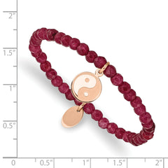 Chisel Stainless Steel Polished and Satin Rose IP-plated YingYang 4mm Red Jade Beaded Stretch Bracelet