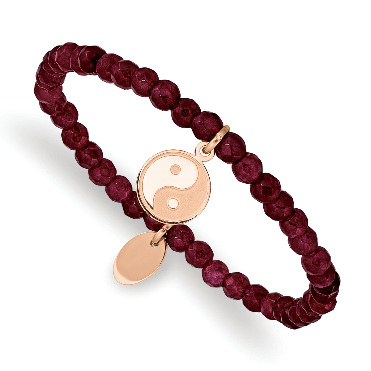 Chisel Stainless Steel Polished and Satin Rose IP-plated YingYang 4mm Red Jade Beaded Stretch Bracelet