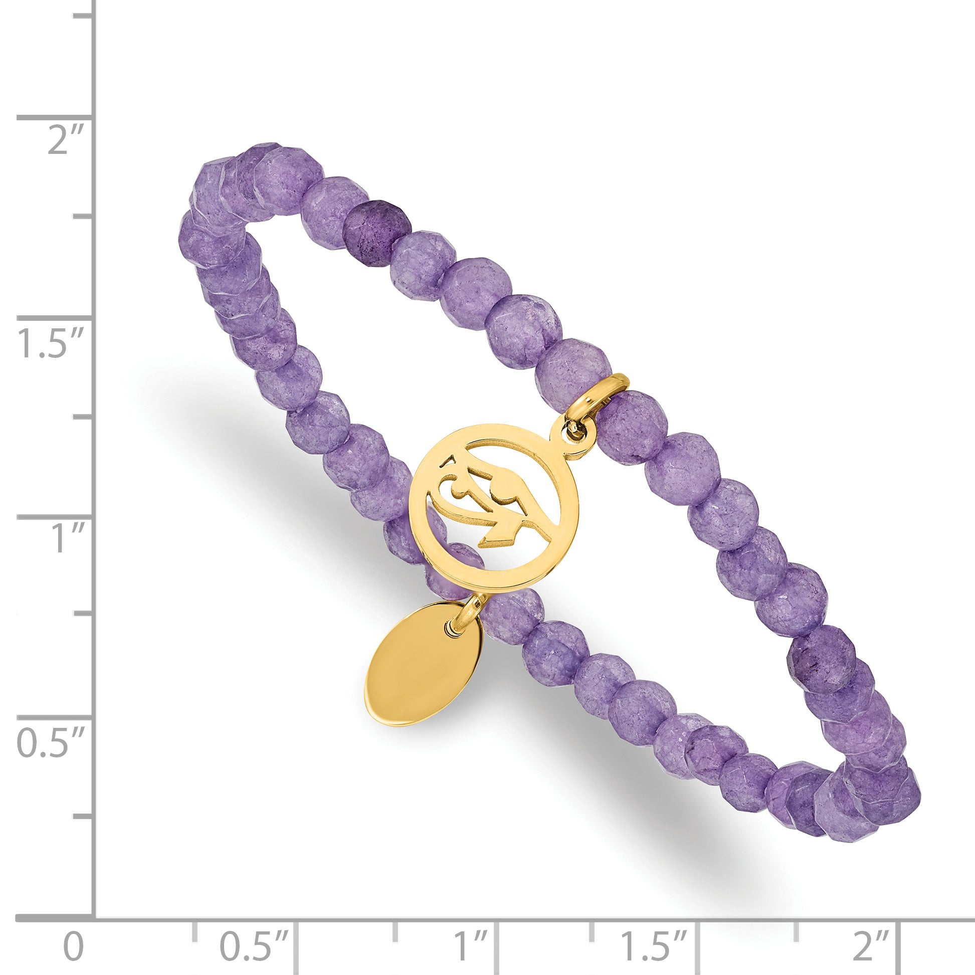 Chisel Stainless Steel Polished Yellow IP-plated Eye of Horus 4mm Purple Jade Beaded Stretch Bracelet