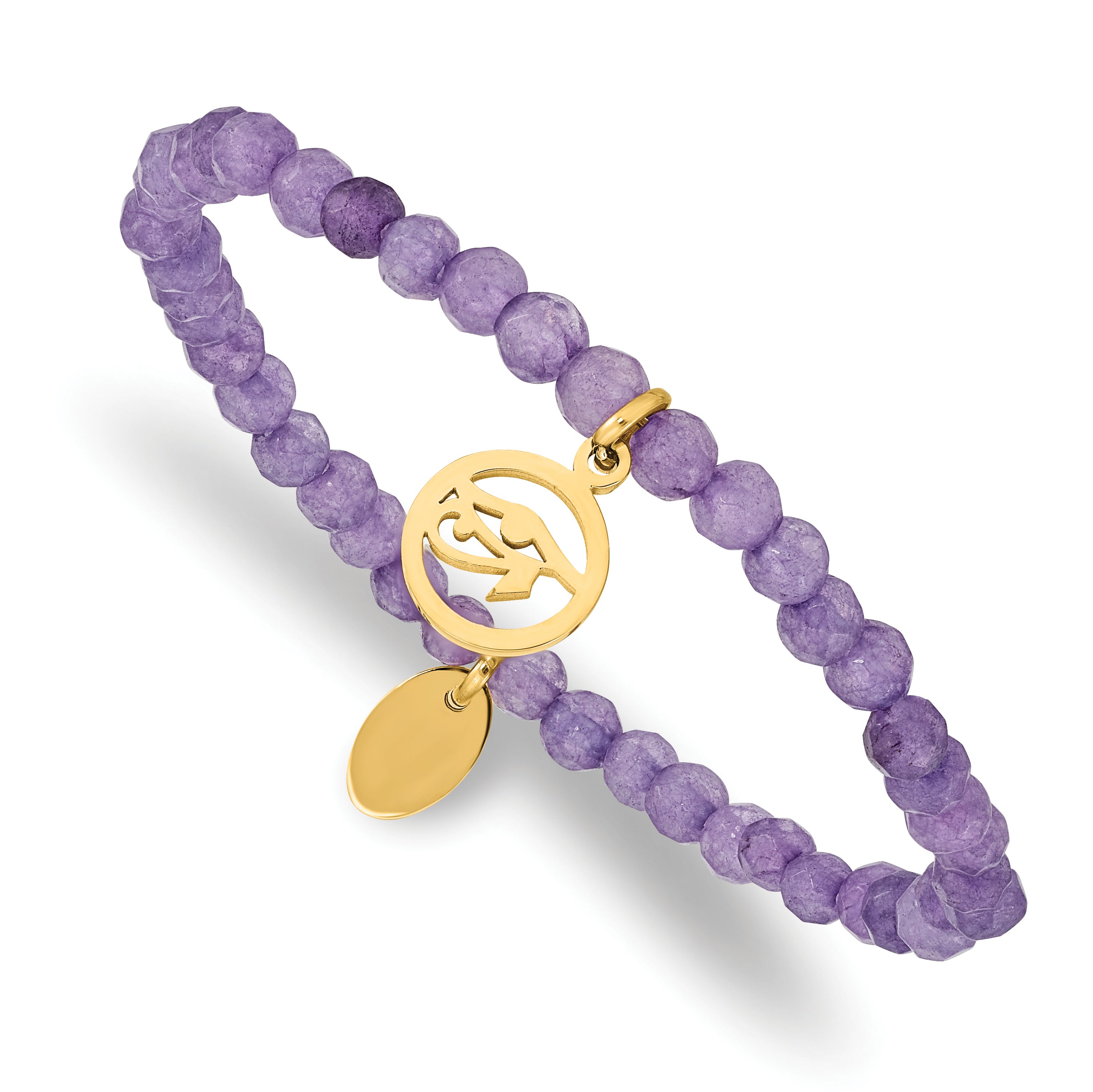 Chisel Stainless Steel Polished Yellow IP-plated Eye of Horus 4mm Purple Jade Beaded Stretch Bracelet