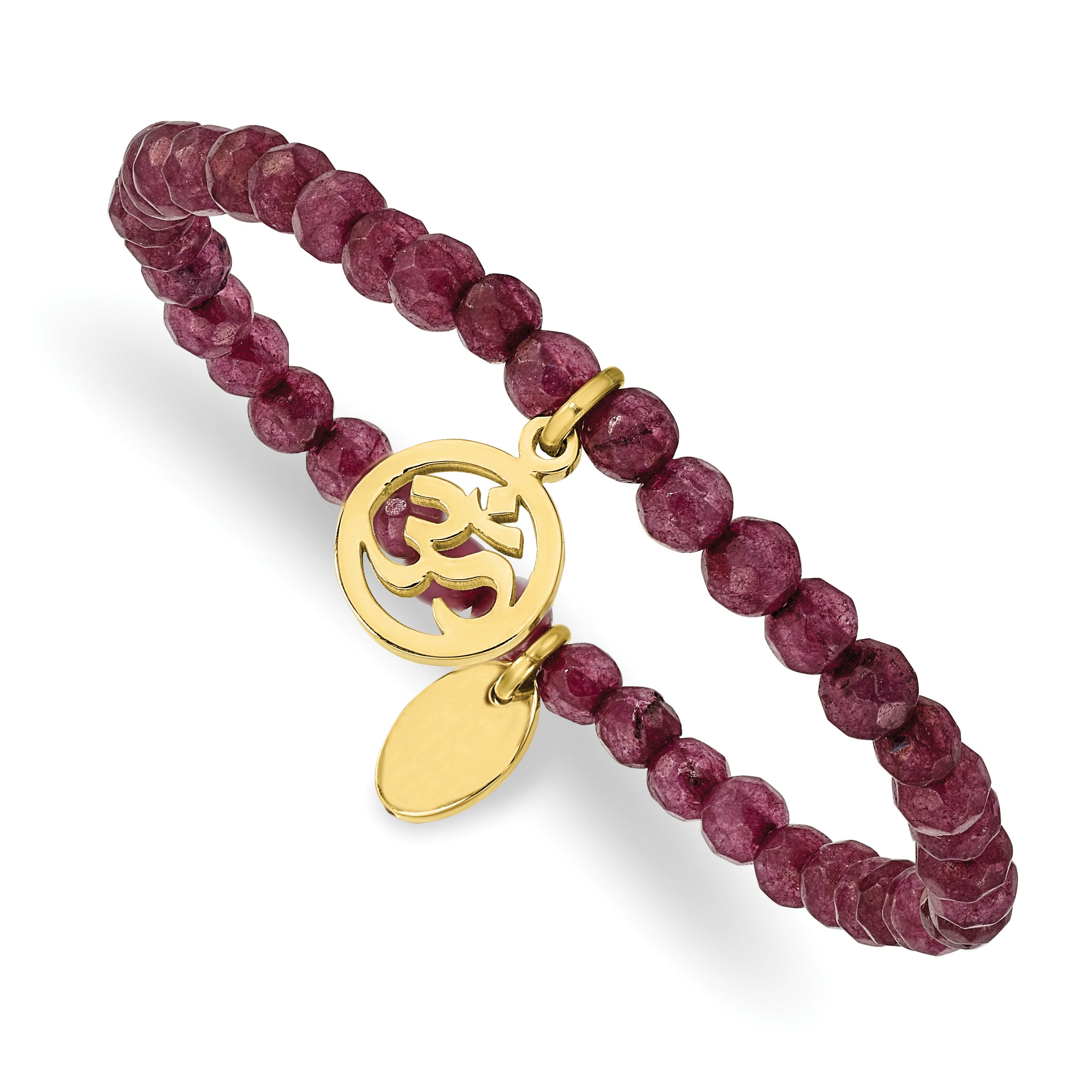 Chisel Stainless Steel Polished Yellow IP-plated OHM 4mm Purple Jade Beaded Stretch Bracelet