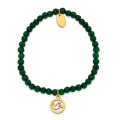 Chisel Stainless Steel Polished Yellow IP-plated Dove 4mm Green Jade Beaded Stretch Bracelet