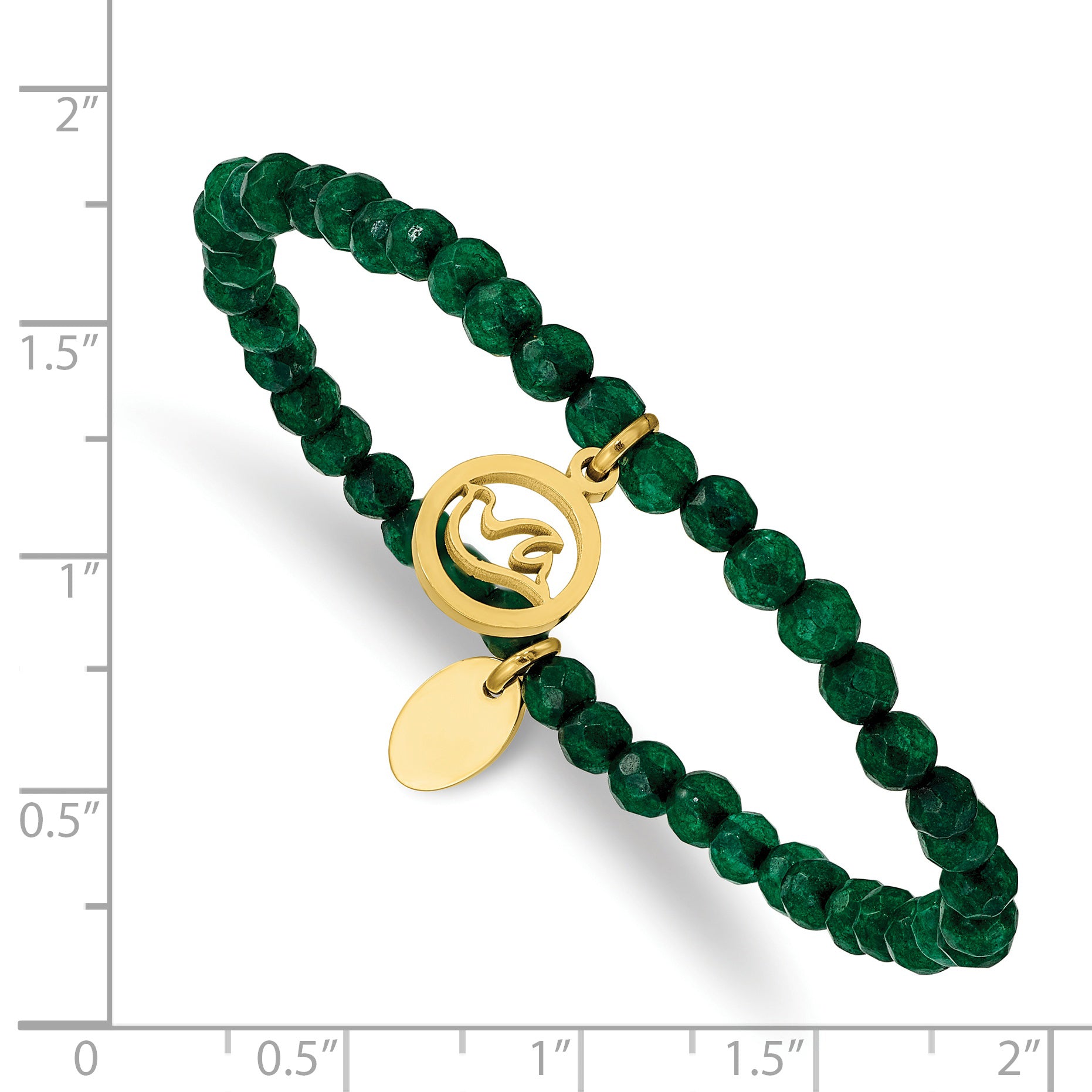 Chisel Stainless Steel Polished Yellow IP-plated Dove 4mm Green Jade Beaded Stretch Bracelet