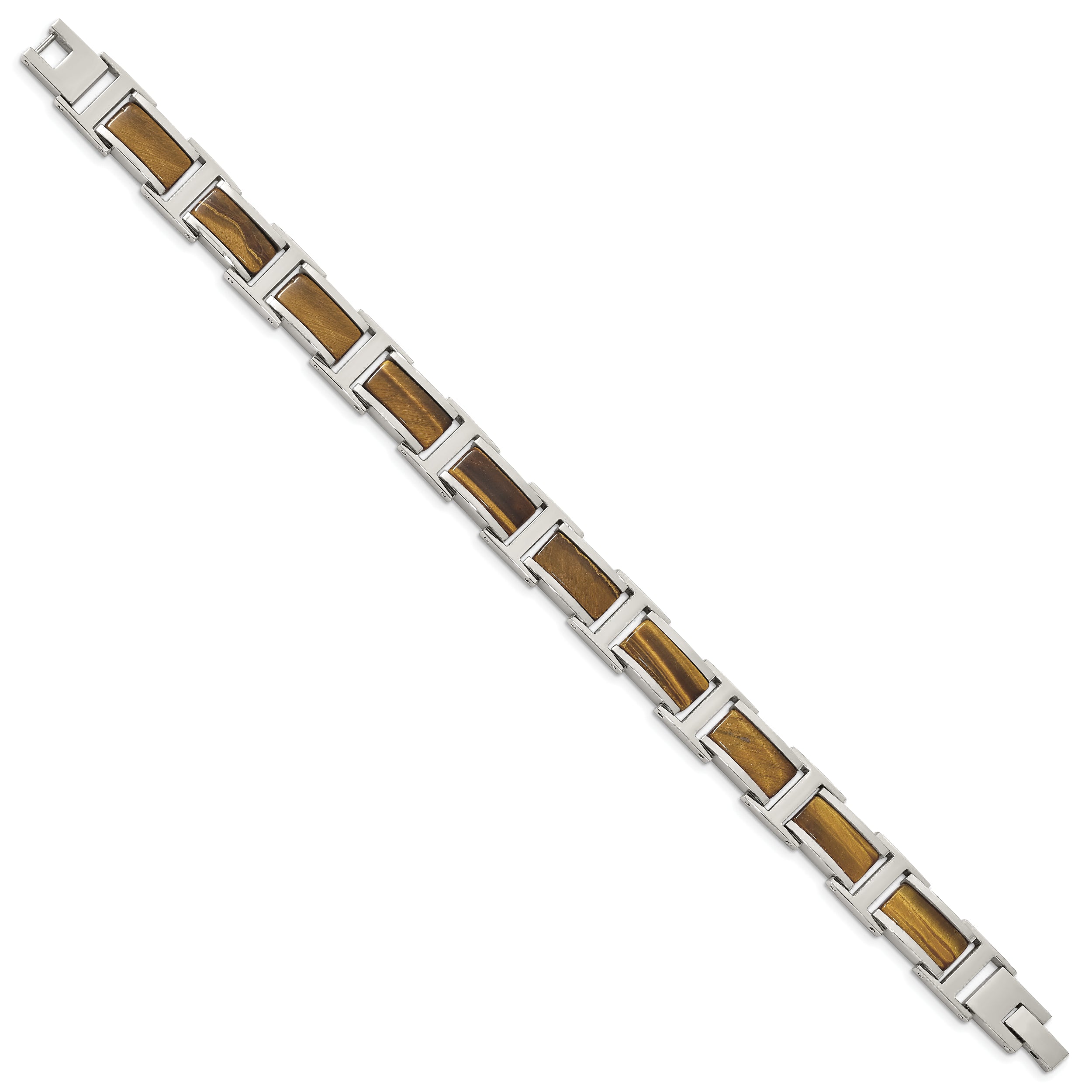 Chsiel Stainless Steel Polished with Tiger's Eye Inlay 8.5 inch Link Bracelet