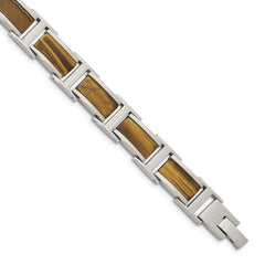 Chsiel Stainless Steel Polished with Tiger's Eye Inlay 8.5 inch Link Bracelet