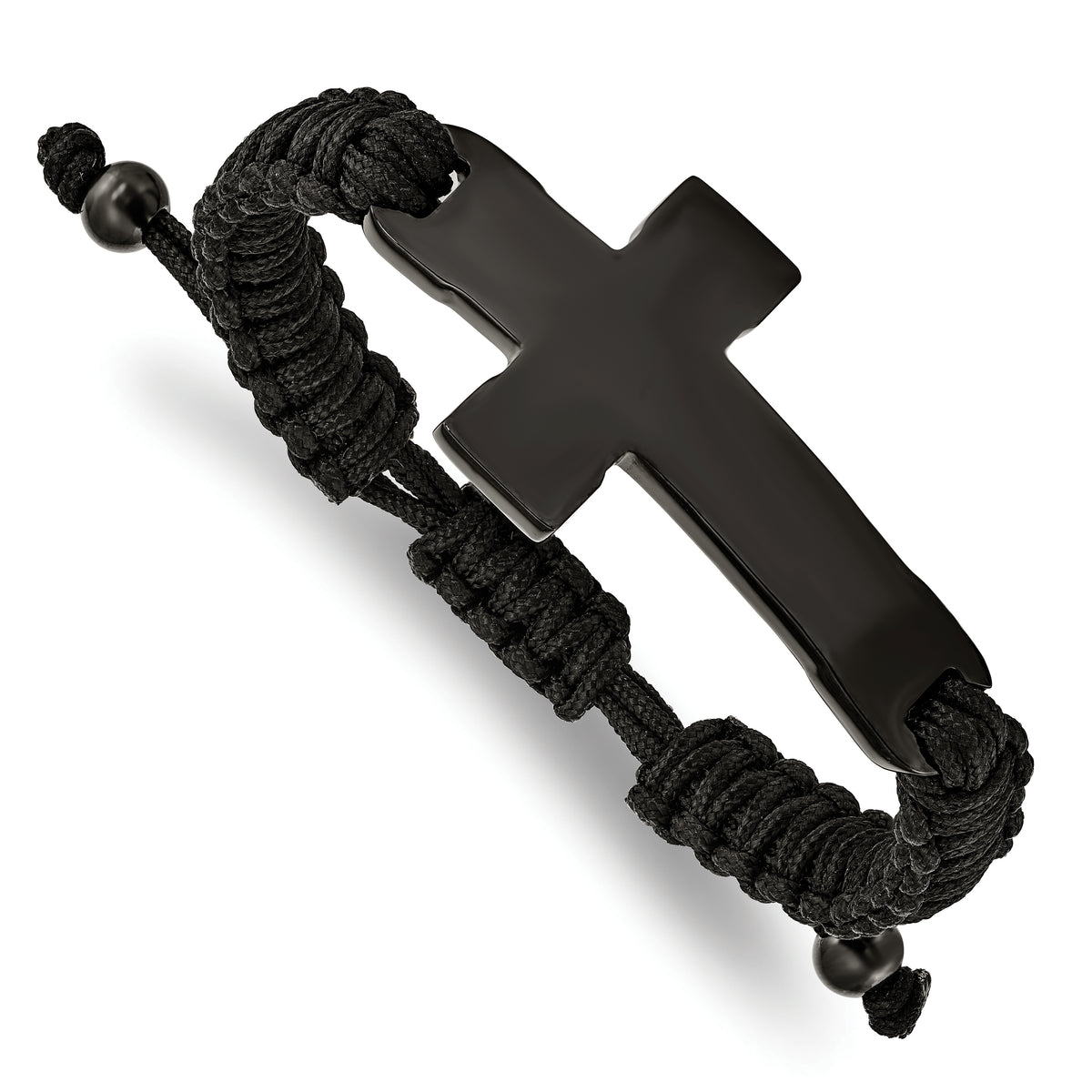 Chisel Stainless Steel Polished Black IP-plated Cross Black Nylon Adjustable Bracelet