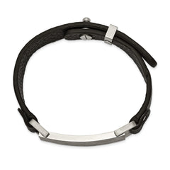 Chisel Stainless Steel Polished Scratch Finished Black Leather Adjustable ID Bracelet