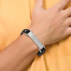 Chisel Stainless Steel Polished Scratch Finished Black Leather Adjustable ID Bracelet