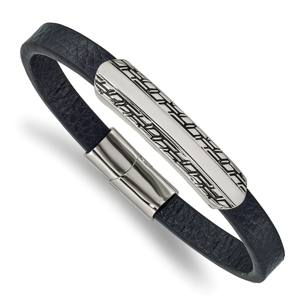 Chisel Stainless Steel Antiqued and Polished Navy Blue Leather 8.25 inch Bracelet