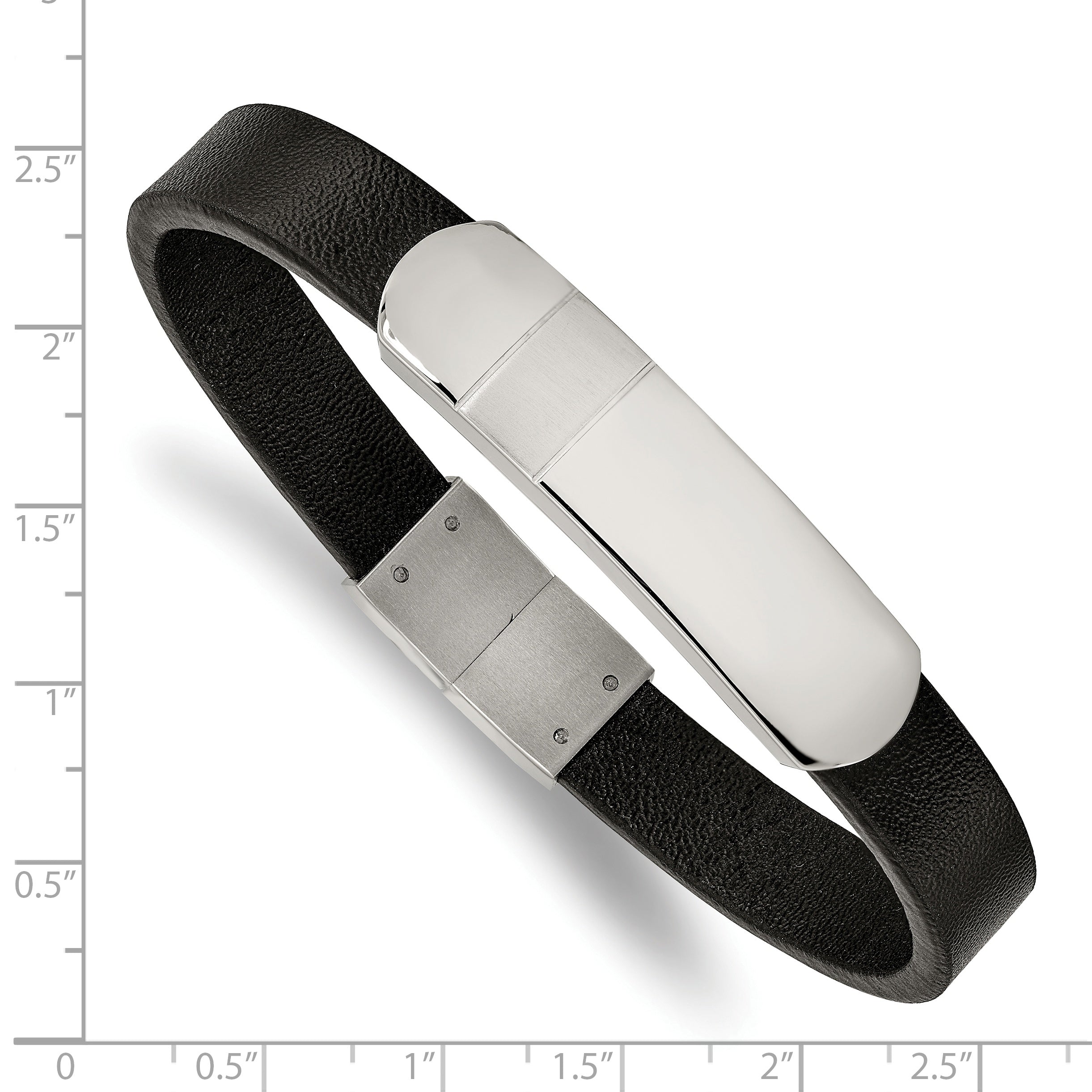 Chisel Stainless Steel Brushed and Polished Black Leather 8.5 inch ID Bracelet