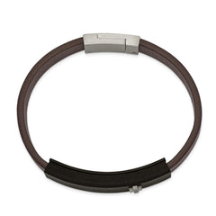 Chisel Stainless Steel Polished Cross Solid Carbon Fiber Brown Faux Leather 8 inch Bracelet