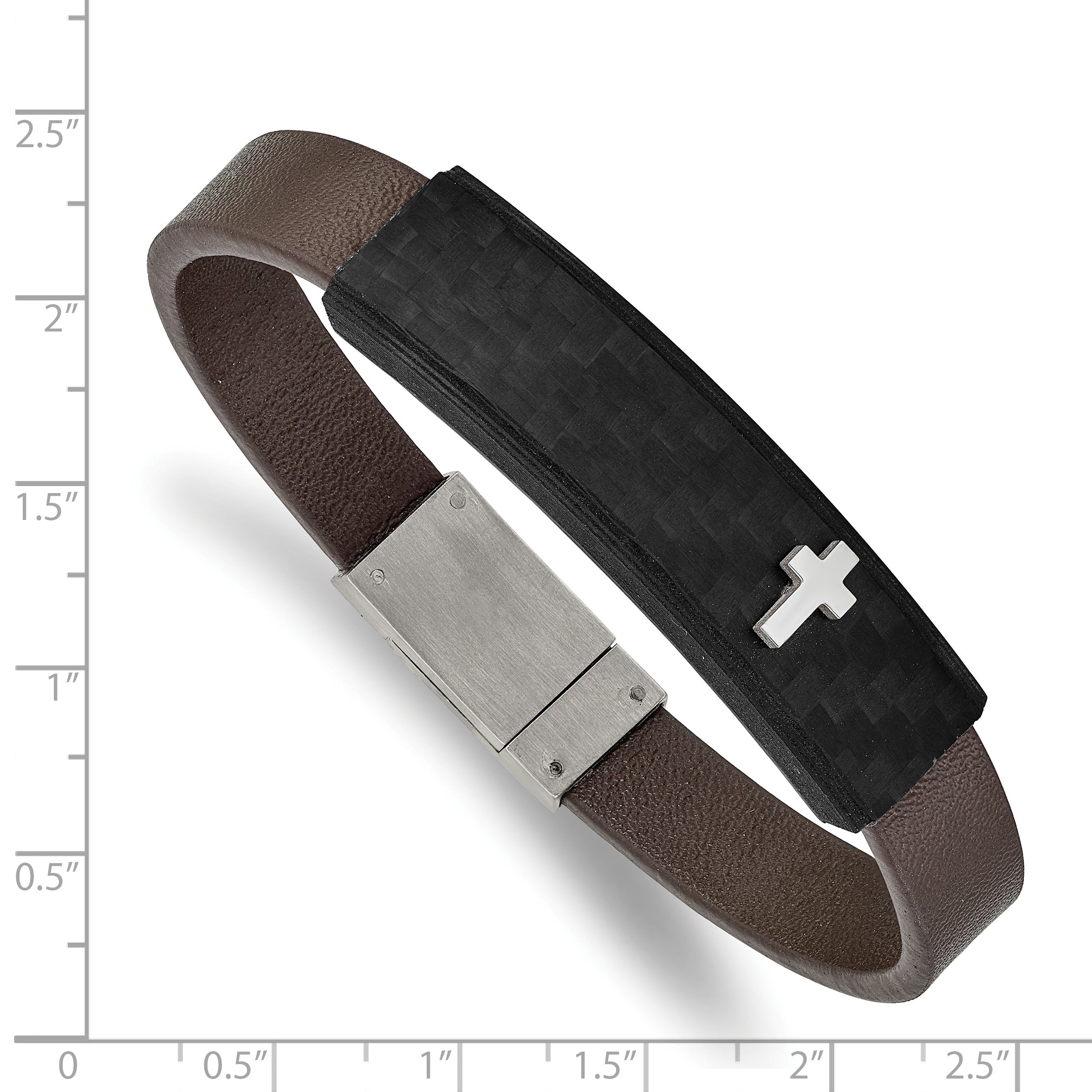 Chisel Stainless Steel Polished Cross Solid Carbon Fiber Brown Faux Leather 8 inch Bracelet