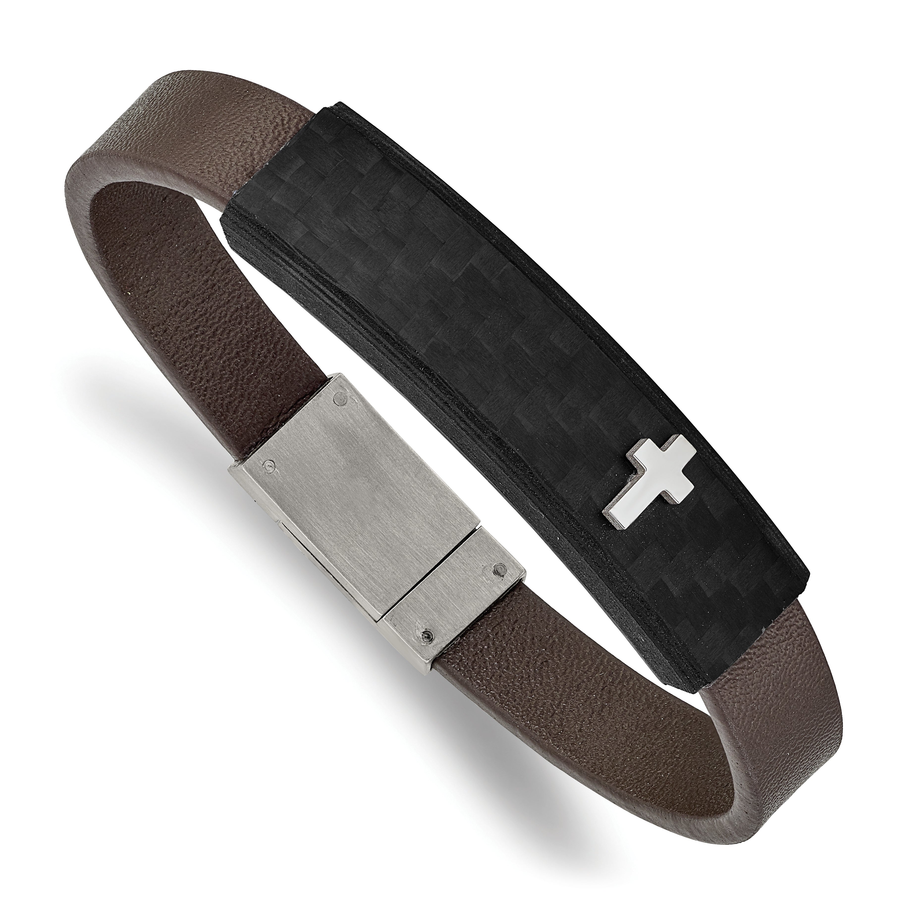 Chisel Stainless Steel Polished Cross Solid Carbon Fiber Brown Faux Leather 8 inch Bracelet